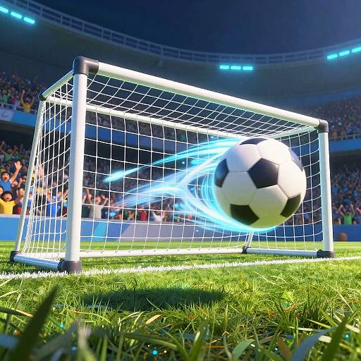 Photorealistic CGI of a black-and-white soccer ball, glowing blue, hitting a goal net on a vibrant, crowded stadium field.