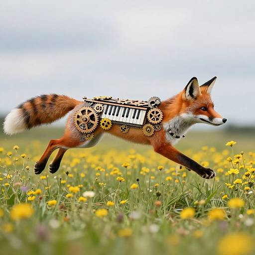 Photograph of a vibrant red fox with gears and piano keys on its side, leaping through a colorful meadow of yellow flowers.