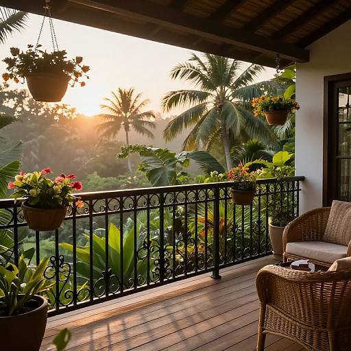 Photograph of a tropical sunset balcony with wicker furniture, hanging plants, wooden deck, black wrought iron railing, palm trees, and lush greenery
