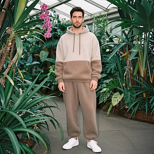 Photograph of a bearded man with short dark hair, wearing a beige and white hoodie, brown sweatpants, and white sneakers, standing in a