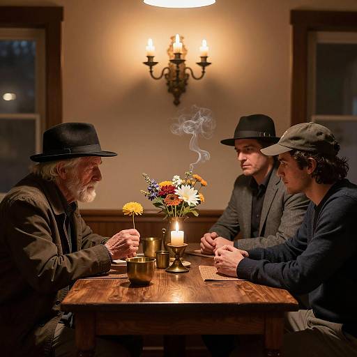 Three Men Sitting at Candlelit Wooden Table