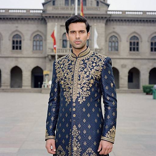 Photograph of a handsome man with short dark hair, wearing an ornate navy blue sherwani with gold embroidery, standing in front of a historical