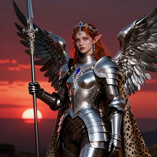 Digital artwork of a red-haired, elven, winged warrior woman in silver armor, holding a sword, against a vibrant sunset sky.