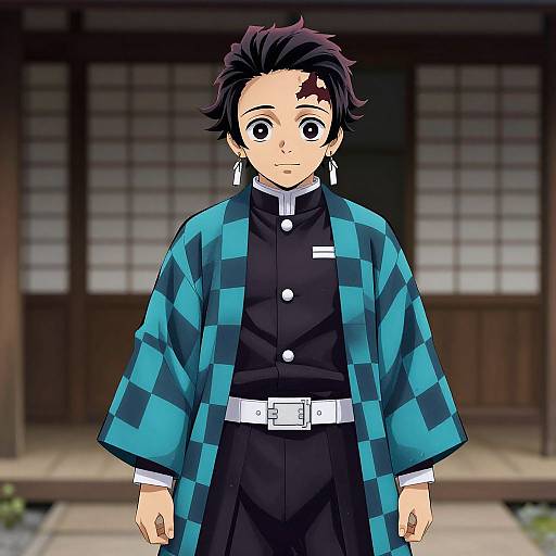 Digital anime-style drawing of a young male character with short black hair, wearing a blue and black checkered kimono over a black uniform, standing in