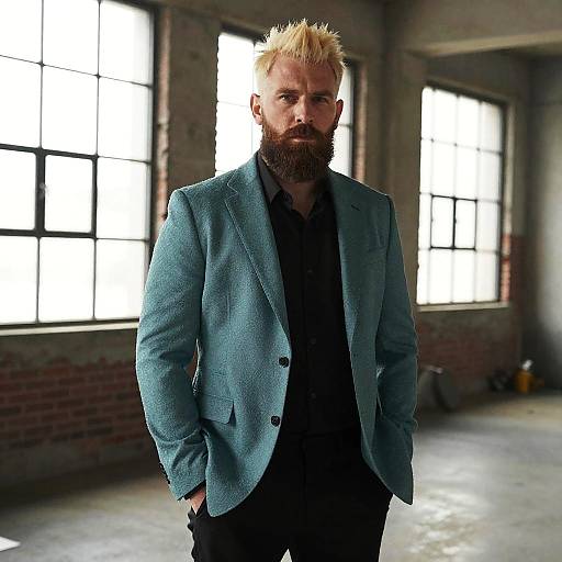 Photograph of a bearded man with spiky blond hair, wearing a blue blazer over a black shirt, standing in a sunlit industrial warehouse