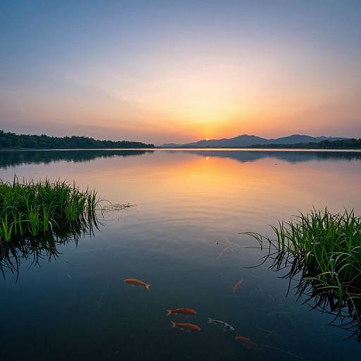 Photograph of serene lake at sunrise, with orange and yellow hues reflecting on calm water, surrounded by grass, mountains in distance, and colorful fish swimming