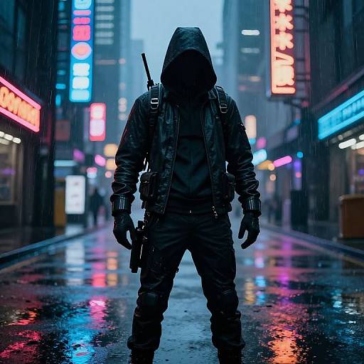 Photograph of a hooded, black-clad figure standing in a neon-lit, rainy urban alley with glowing blue, pink, and red signs