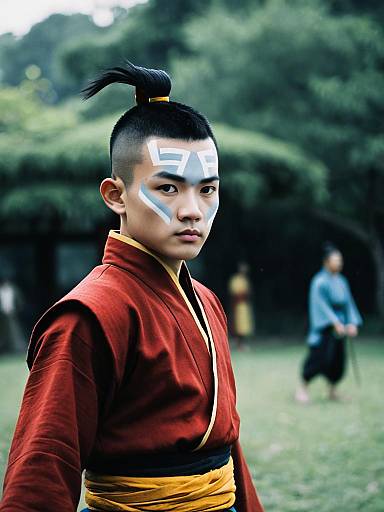 Young Man in Traditional Aang Costume with Face Paint