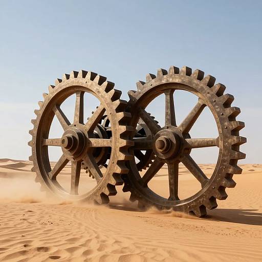 Photograph of two large, rusted, wooden gears partially buried in sand with a clear blue sky in the background.