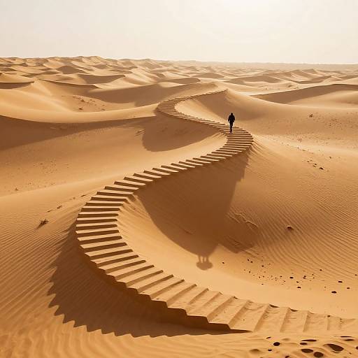 Photograph of a lone figure walking on a winding, sunlit wooden staircase through vast, rippled, golden desert sand dunes.