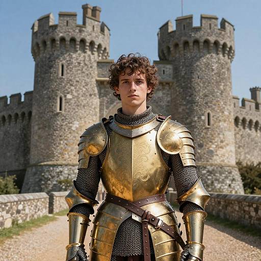 Young man with curly brown hair in golden medieval armor stands before a stone castle with two tall, crenelated towers. Bright blue sky in background