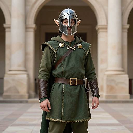 Photorealistic CGI of a medieval knight with pointed ears, silver helmet, green tunic, brown belt, and leather gloves, standing in a stone