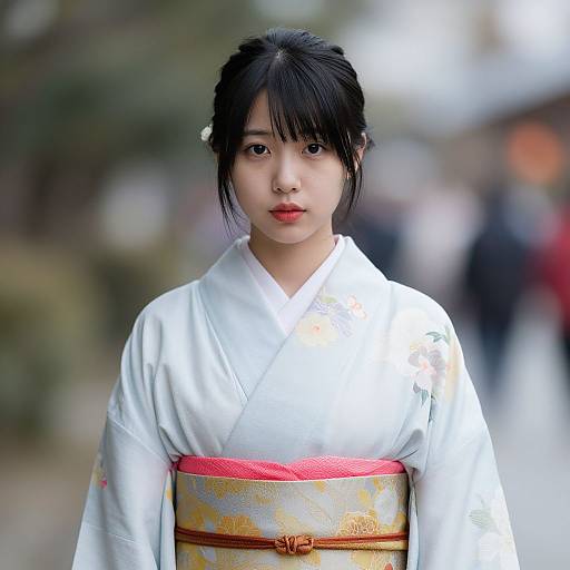 Photograph of an East Asian woman with black hair in a white floral kimono, red obi belt, standing outdoors, blurred background.