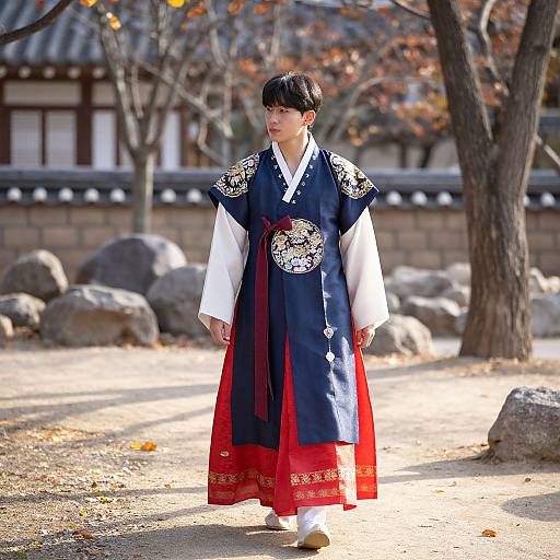 Elegant Traditional Hanbok in Autumn Garden
