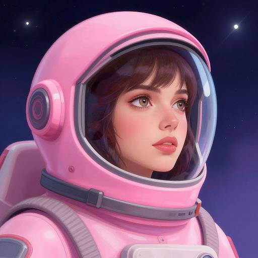 Digital artwork of a fair-skinned woman with brown hair in a pink astronaut helmet, gazing upward against a starry night sky.