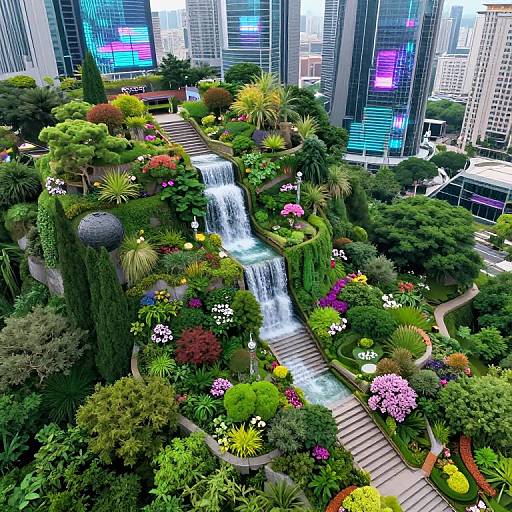 Photograph of a vibrant urban rooftop garden with a waterfall, colorful flowers, lush greenery, and tall skyscrapers in the background.