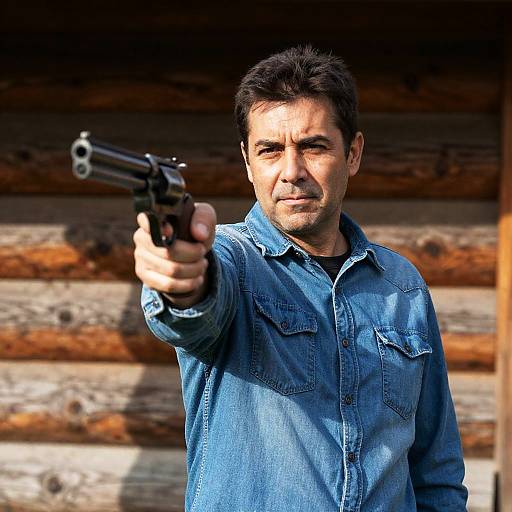 Serious Man with Revolver at Cabin