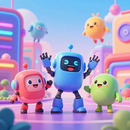 Vibrant CGI image of four cute, colorful, robot-like characters with smiling faces, waving, in a futuristic, neon-lit cityscape.