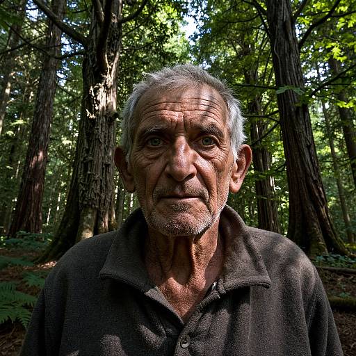 Photograph of an elderly man with wrinkled face, gray hair, and deep-set eyes, wearing a dark polo shirt, standing in a sunlit
