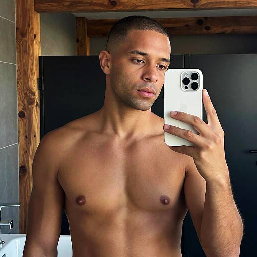 Photorealistic Mirror Selfie in Rustic Bathroom