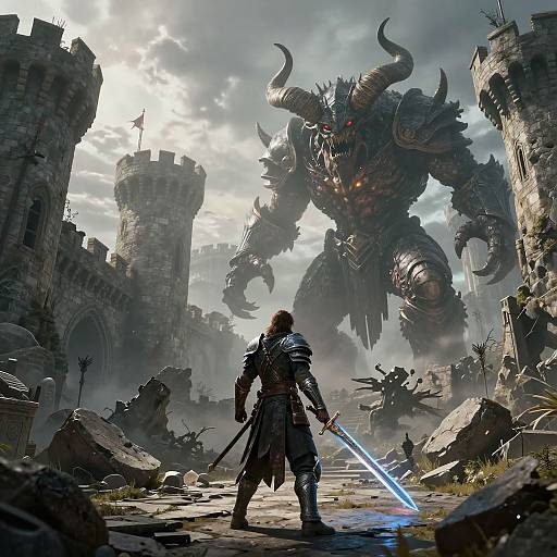 CGI fantasy battle scene: armored warrior with glowing blue sword faces massive, horned, dragon-like monster in ruined, medieval castle landscape.