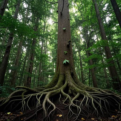 Photograph of a tall, ancient tree with thick, sprawling roots in a dense, lush forest; green leaves filter sunlight.
