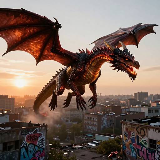 Twilight Dragon Over Surreal Cityscape
