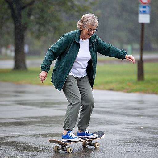 Elderly Woman Skateboarding in Rain
