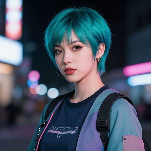 Digital artwork of an androgynous Asian person with teal hair, red lipstick, wearing a black shirt, blue jacket, and backpack, against a