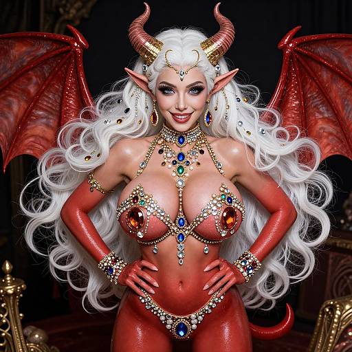 Digital illustration of a sexy, red-skinned demon woman with white hair, horns, wings, large breasts, adorned with jewels, and confident stance.