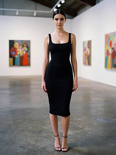 Photograph of a slender woman with dark hair in a black sleeveless knee-length dress and black heels, standing in a brightly lit art gallery with colorful