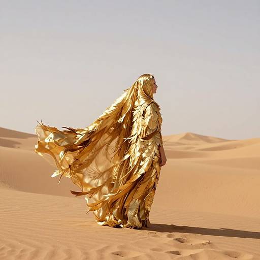 Golden-robed woman with flowing, sunlit hair stands in a vast, desert landscape with rippling sand dunes under a clear sky. Digital art