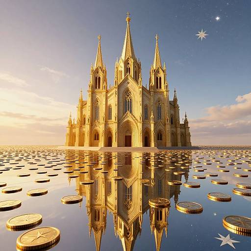 Photograph of a golden Gothic cathedral reflected in a calm water surface, surrounded by floating coins, under a starry twilight sky.