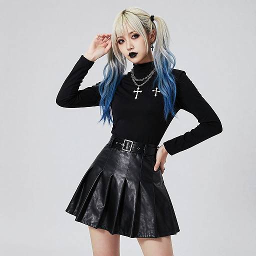 Photograph of a pale-skinned anime-style girl with white and blue hair, black gothic outfit, leather skirt, cross necklaces, and dark