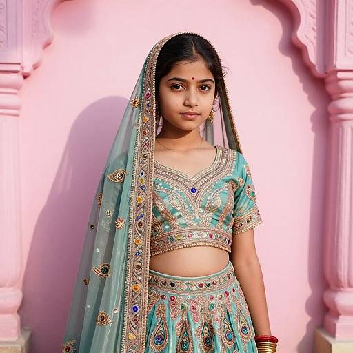 Photograph of a young Indian girl in a turquoise embroidered traditional outfit with a matching veil, standing against a pink architectural background.