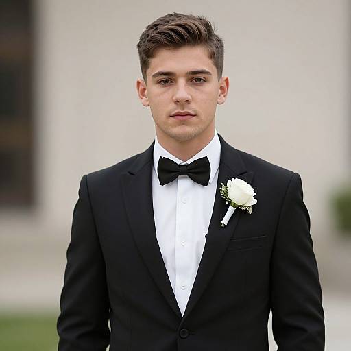 Photograph of a young, handsome man with short, dark brown hair, wearing a black tuxedo, white dress shirt, black bow tie,