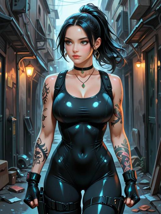 Tattooed Woman in Alley with Weapon