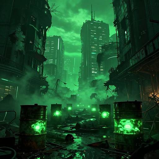 Cyberpunk cityscape at night, green-lit street, tall skyscrapers, dark, misty atmosphere, glowing green lights, debris scattered