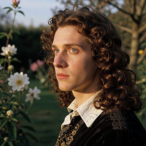 Photograph of a fair-skinned man with long, curly brown hair, wearing a black patterned shirt and white lace collar, standing in a sun