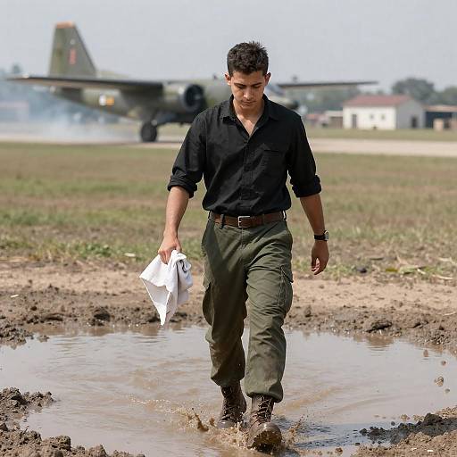 Young Man in Muddy Field with Aircraft