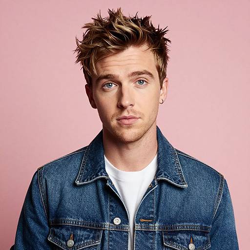 Photograph of a young, fair-skinned man with spiky brown hair, blue eyes, wearing a denim jacket over a white t-shirt, against