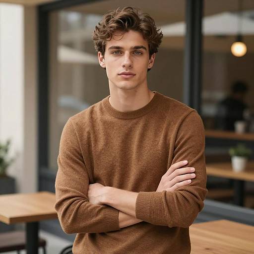 Young Man in Brown Sweater at Café