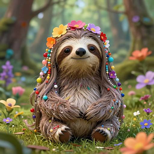 Whimsical Sloth with Beaded Hair in Magical Forest