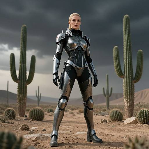 Photorealistic CGI of a blonde woman in futuristic silver armor standing in a desert with cacti, under a dramatic cloudy sky.