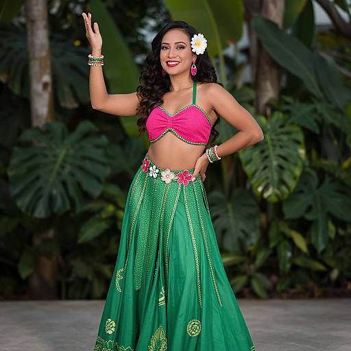 Photograph of a smiling woman with dark curly hair, wearing a pink ruffled crop top and green, flower-embellished skirt, set against