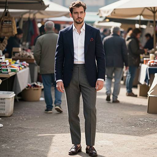 Photograph of a handsome, bearded man with curly brown hair, wearing a navy blazer, white shirt, gray pants, and brown shoes,