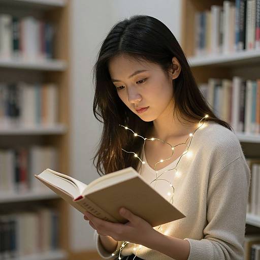 Photograph of an Asian woman with long black hair, wearing a beige sweater, reading a book while illuminated by string lights in a book-filled library.