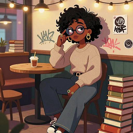Digital illustration of a dark-skinned, curly-haired woman with glasses, in a cozy café, wearing a beige sweater and blue jeans, sitting at a
