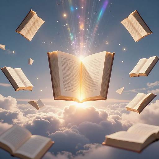 Photograph-style CGI: Open glowing book with light rays at center, surrounded by floating open books, set against a cloudy sky and radiant sun.
