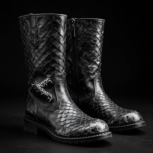 Black, textured leather cowboy boots with intricate diamond pattern and silver buckle, standing against a dark background, photographed in high-contrast black and white.